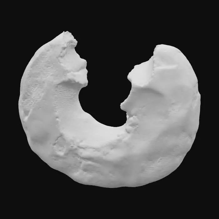 3D model for A broken sandstone rib segment, presenting a distinct missing chunk on one end, revealing the raw, fractured interior of the rock. The remaining edge around this void features a jagged, fractured lip, indicating natural breakage and erosion. Despite the damage, its layered sedimentary strata maintain a consistent direction, suggesting its origin from a larger, continuous formation. Composed of granular sandstone, it exhibits warm ochre and reddish-brown tones, with a rough, weathered texture across its fragmented form.