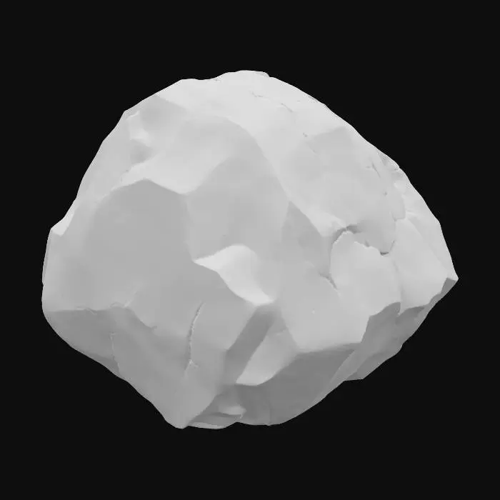 3D model for A medium-sized, angular talus rock, approximately 0.6x0.4x0.3 meters. It exhibits clear layered sandstone characteristics, with visible sedimentary banding across its form. The rock's many facets are distinctly chipped, giving it a rugged, freshly broken appearance despite some natural weathering. Composed of robust sandstone, it displays warm, earthy ochre and reddish-brown tones, with a rough, granular texture across its solid, fragmented surfaces, indicating a natural geological origin.