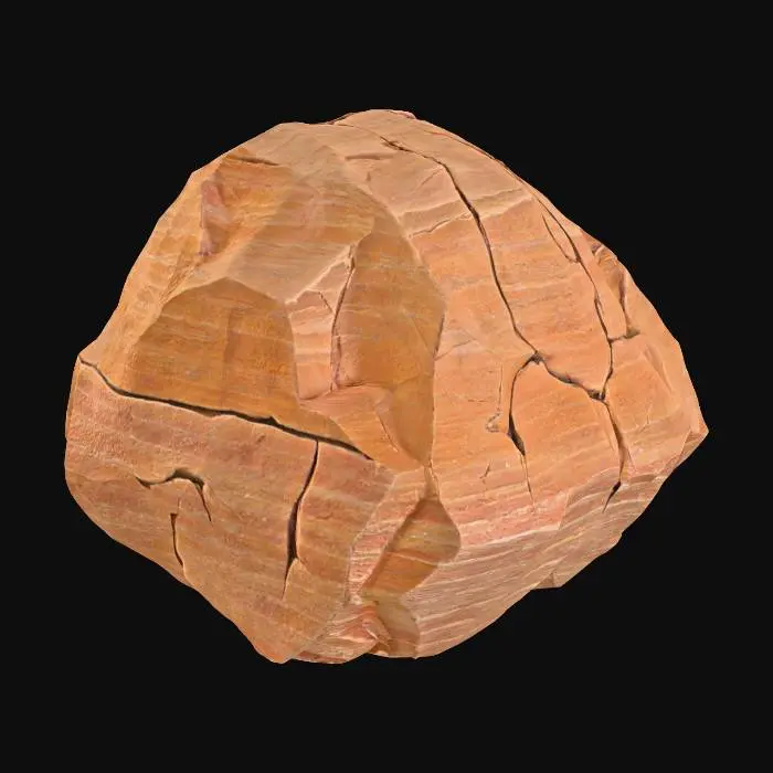 3D model for A medium-sized, angular talus rock, approximately 0.6x0.4x0.3 meters. It exhibits clear layered sandstone characteristics, with visible sedimentary banding across its form. The rock's many facets are distinctly chipped, giving it a rugged, freshly broken appearance despite some natural weathering. Composed of robust sandstone, it displays warm, earthy ochre and reddish-brown tones, with a rough, granular texture across its solid, fragmented surfaces, indicating a natural geological origin.