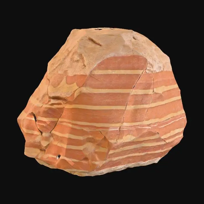 3D model for A medium-sized, angular talus rock, approximately 0.6x0.4x0.3 meters. It exhibits clear layered sandstone characteristics, with visible sedimentary banding across its form. The rock's many facets are distinctly chipped, giving it a rugged, freshly broken appearance despite some natural weathering. Composed of robust sandstone, it displays warm, earthy ochre and reddish-brown tones, with a rough, granular texture across its solid, fragmented surfaces, indicating a natural geological origin.