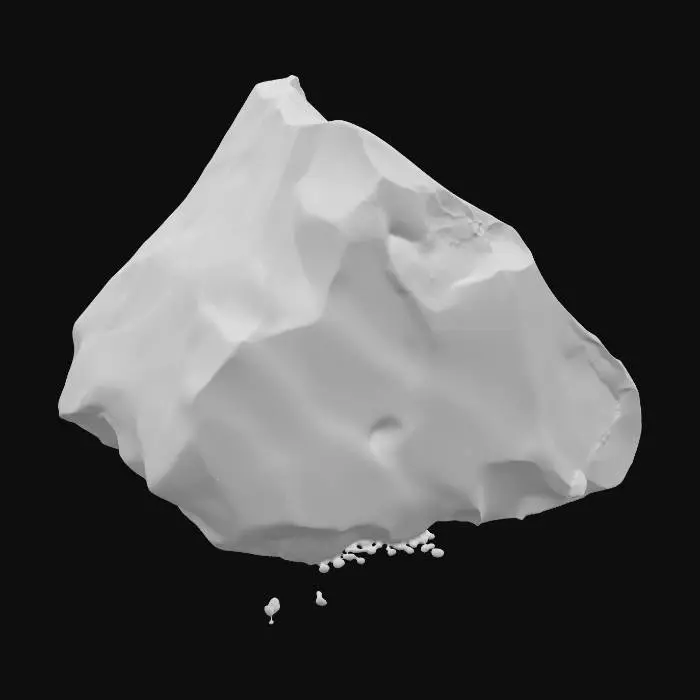 3D model for A medium-sized, angular talus rock, approximately 0.6x0.4x0.3 meters. It exhibits clear layered sandstone characteristics, with visible sedimentary banding across its form. The rock's many facets are distinctly chipped, giving it a rugged, freshly broken appearance despite some natural weathering. Composed of robust sandstone, it displays warm, earthy ochre and reddish-brown tones, with a rough, granular texture across its solid, fragmented surfaces, indicating a natural geological origin.