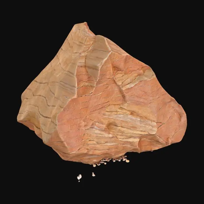 3D model for A medium-sized, angular talus rock, approximately 0.6x0.4x0.3 meters. It exhibits clear layered sandstone characteristics, with visible sedimentary banding across its form. The rock's many facets are distinctly chipped, giving it a rugged, freshly broken appearance despite some natural weathering. Composed of robust sandstone, it displays warm, earthy ochre and reddish-brown tones, with a rough, granular texture across its solid, fragmented surfaces, indicating a natural geological origin.