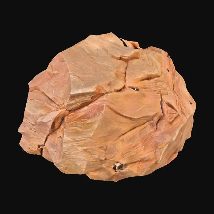 3D model for A medium-sized, angular talus rock, approximately 0.6x0.4x0.3 meters. It exhibits clear layered sandstone characteristics, with visible sedimentary banding across its form. The rock's many facets are distinctly chipped, giving it a rugged, freshly broken appearance despite some natural weathering. Composed of robust sandstone, it displays warm, earthy ochre and reddish-brown tones, with a rough, granular texture across its solid, fragmented surfaces, indicating a natural geological origin.