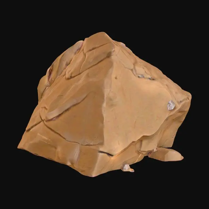 3D model for A large, blocky talus rock, measuring 1.0x0.7x0.5 meters, characterized by its substantial, irregular form. Its surfaces are defined by prominent fracture planes that intersect, creating a rugged and angular appearance. The corners are distinctly weathered and rounded by erosion, softening their sharp edges. Composed of robust sandstone, it exhibits a granular, rough texture and a palette of warm, earthy ochre and reddish-brown tones, conveying a sense of age and natural geological formation.