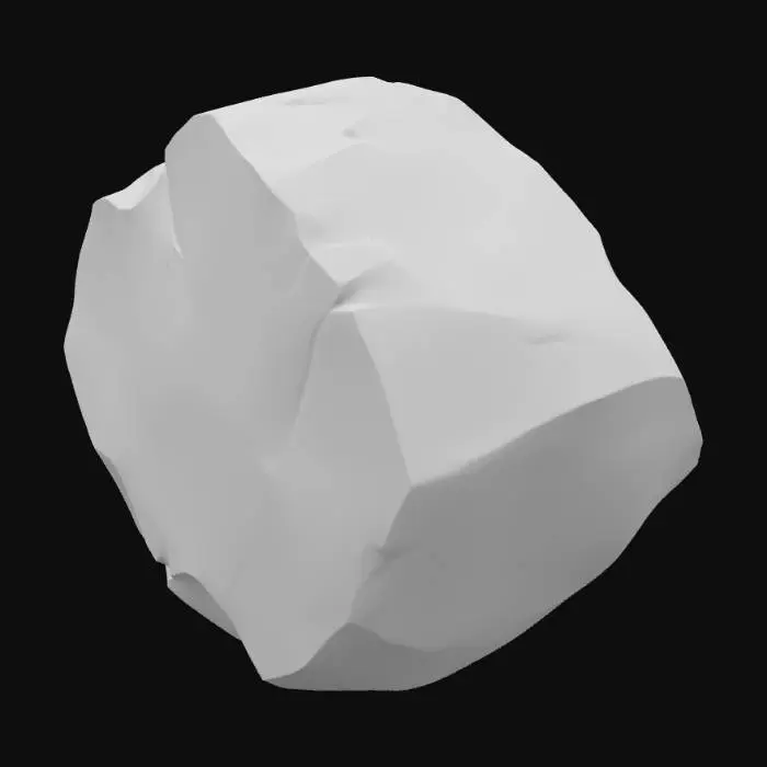 3D model for An oblong sandstone boulder, measuring approximately 2.0 x 1.6 x 1.3 meters, possesses a rugged, elongated form. One prominent corner is sharply broken, revealing a freshly fractured surface that contrasts with the generally weathered exterior. This break clearly exposes distinct, variegated sediment layers within the stone, showing bands of light ochre, sandy brown, and muted reddish-brown. The intact surfaces have a coarse, gritty texture, typical of natural sandstone, feeling solid and rough to the touch.