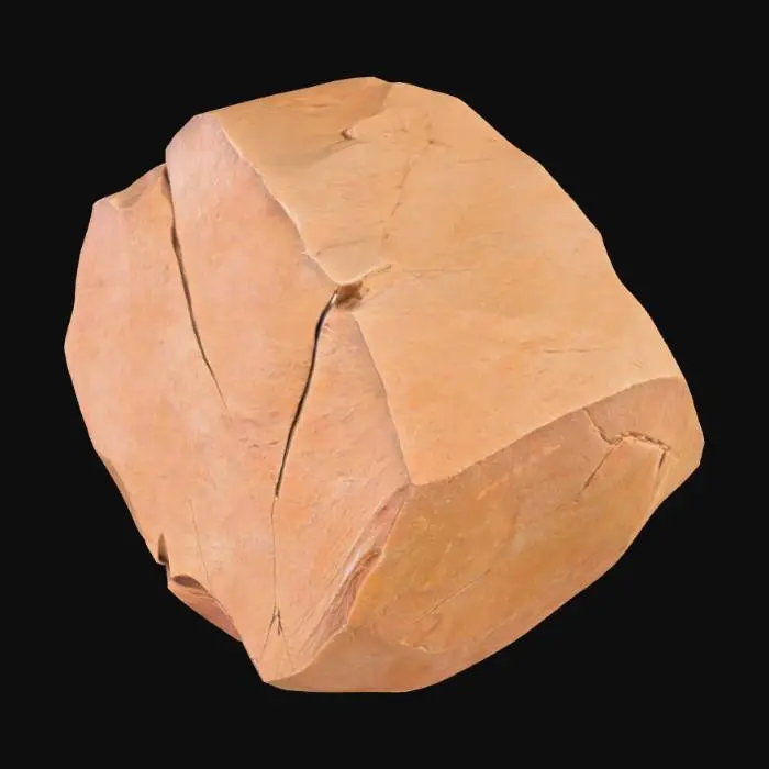 3D model for An oblong sandstone boulder, measuring approximately 2.0 x 1.6 x 1.3 meters, possesses a rugged, elongated form. One prominent corner is sharply broken, revealing a freshly fractured surface that contrasts with the generally weathered exterior. This break clearly exposes distinct, variegated sediment layers within the stone, showing bands of light ochre, sandy brown, and muted reddish-brown. The intact surfaces have a coarse, gritty texture, typical of natural sandstone, feeling solid and rough to the touch.