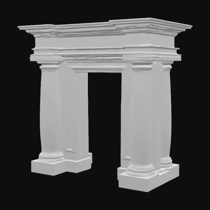 3D model for A sandstone door frame, measuring 1.0x2.2x0.3 meters, forms a sturdy rectangular archway. Its warm, sandy beige hue exhibits natural variations and a fine, gritty texture throughout. The inner edges of the frame feature a subtle bevel, creating a clean, angled transition. The sill, at the base, is noticeably worn and smoothed from extensive use, contrasting with the slightly rougher, chiselled appearance of the vertical uprights. The entire structure feels solid and firmly grounded.