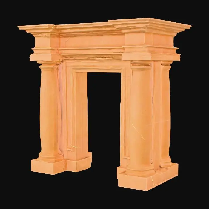 3D model for A sandstone door frame, measuring 1.0x2.2x0.3 meters, forms a sturdy rectangular archway. Its warm, sandy beige hue exhibits natural variations and a fine, gritty texture throughout. The inner edges of the frame feature a subtle bevel, creating a clean, angled transition. The sill, at the base, is noticeably worn and smoothed from extensive use, contrasting with the slightly rougher, chiselled appearance of the vertical uprights. The entire structure feels solid and firmly grounded.