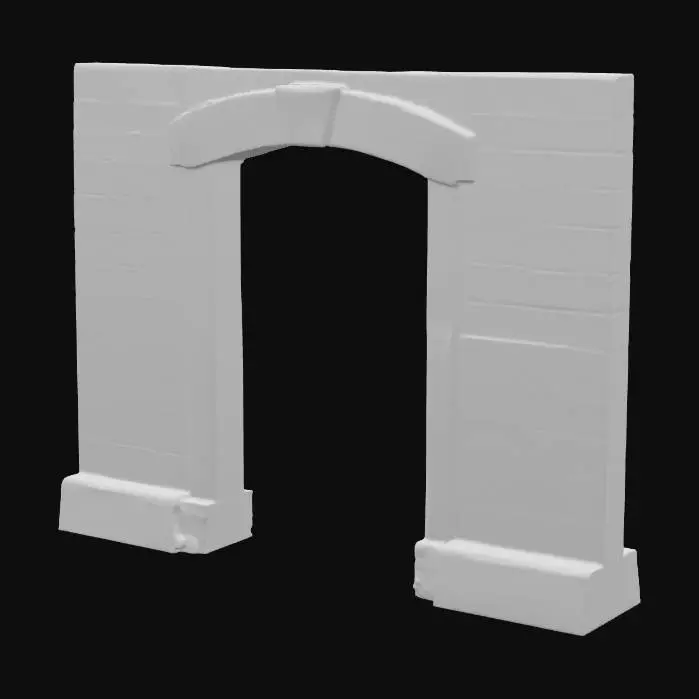 3D model for A sandstone door frame, measuring 1.0x2.2x0.3 meters, forms a sturdy rectangular archway. Its warm, sandy beige hue exhibits natural variations and a fine, gritty texture throughout. The inner edges of the frame feature a subtle bevel, creating a clean, angled transition. The sill, at the base, is noticeably worn and smoothed from extensive use, contrasting with the slightly rougher, chiselled appearance of the vertical uprights. The entire structure feels solid and firmly grounded.