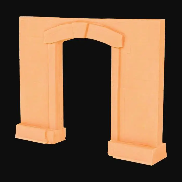 3D model for A sandstone door frame, measuring 1.0x2.2x0.3 meters, forms a sturdy rectangular archway. Its warm, sandy beige hue exhibits natural variations and a fine, gritty texture throughout. The inner edges of the frame feature a subtle bevel, creating a clean, angled transition. The sill, at the base, is noticeably worn and smoothed from extensive use, contrasting with the slightly rougher, chiselled appearance of the vertical uprights. The entire structure feels solid and firmly grounded.