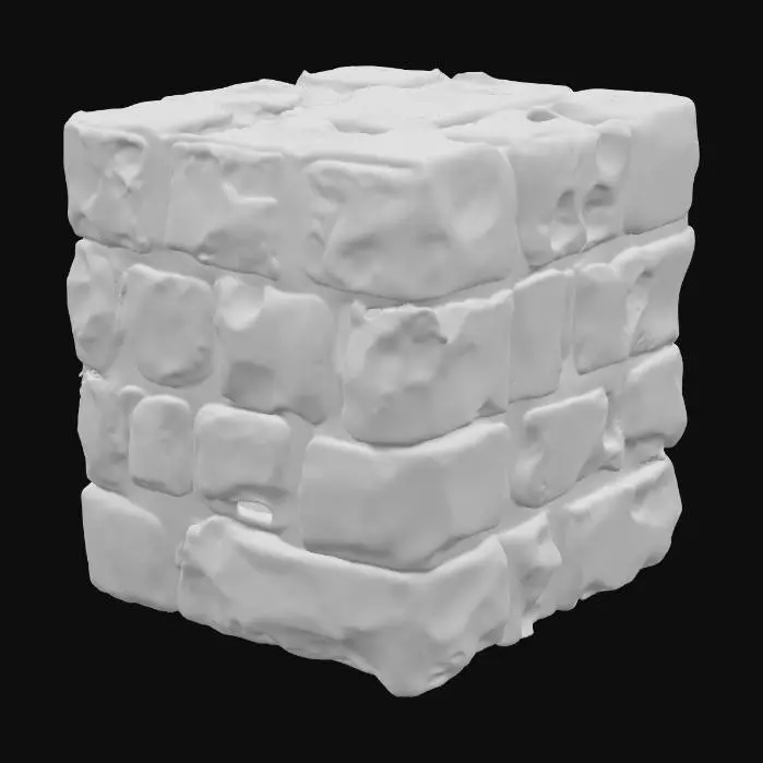 3D model for An L-shaped sandstone tower corner, measuring 2x2x3.5 meters, forms a substantial and robust architectural segment. It is constructed from large, tightly interlocking blocks, creating a formidable and stable structure. The sandstone is a warm, variegated ochre, displaying a coarse, gritty texture. Visible tool wear marks are etched across its surfaces, imparting a rugged, hand-chiseled appearance. The solid, ancient-feeling stone offers a firm, abrasive tactile quality.