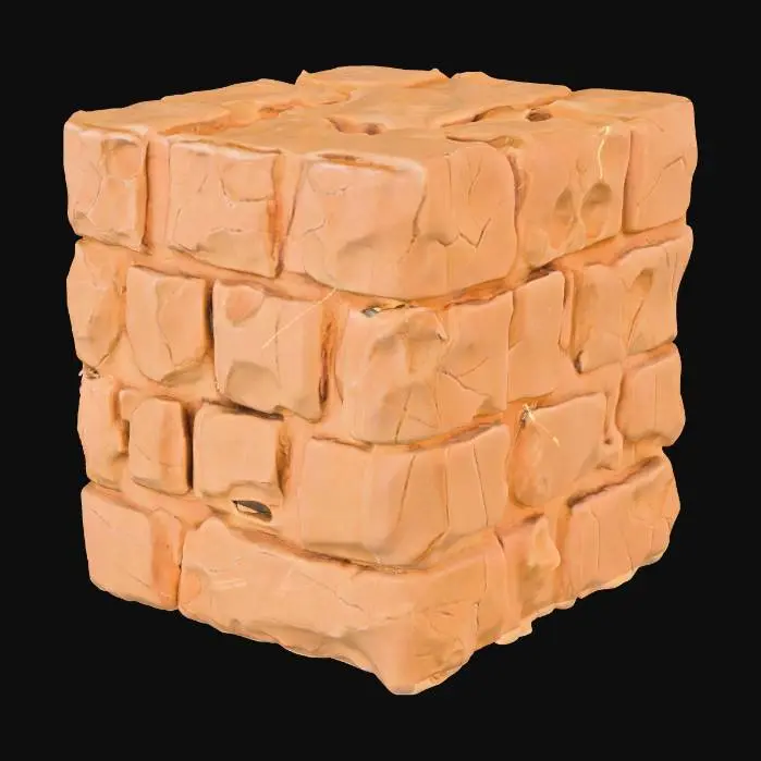 3D model for An L-shaped sandstone tower corner, measuring 2x2x3.5 meters, forms a substantial and robust architectural segment. It is constructed from large, tightly interlocking blocks, creating a formidable and stable structure. The sandstone is a warm, variegated ochre, displaying a coarse, gritty texture. Visible tool wear marks are etched across its surfaces, imparting a rugged, hand-chiseled appearance. The solid, ancient-feeling stone offers a firm, abrasive tactile quality.