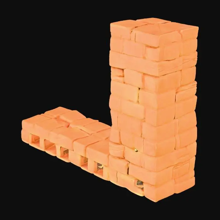 3D model for An L-shaped sandstone tower corner, measuring 2x2x3.5 meters, forms a substantial and robust architectural segment. It is constructed from large, tightly interlocking blocks, creating a formidable and stable structure. The sandstone is a warm, variegated ochre, displaying a coarse, gritty texture. Visible tool wear marks are etched across its surfaces, imparting a rugged, hand-chiseled appearance. The solid, ancient-feeling stone offers a firm, abrasive tactile quality.