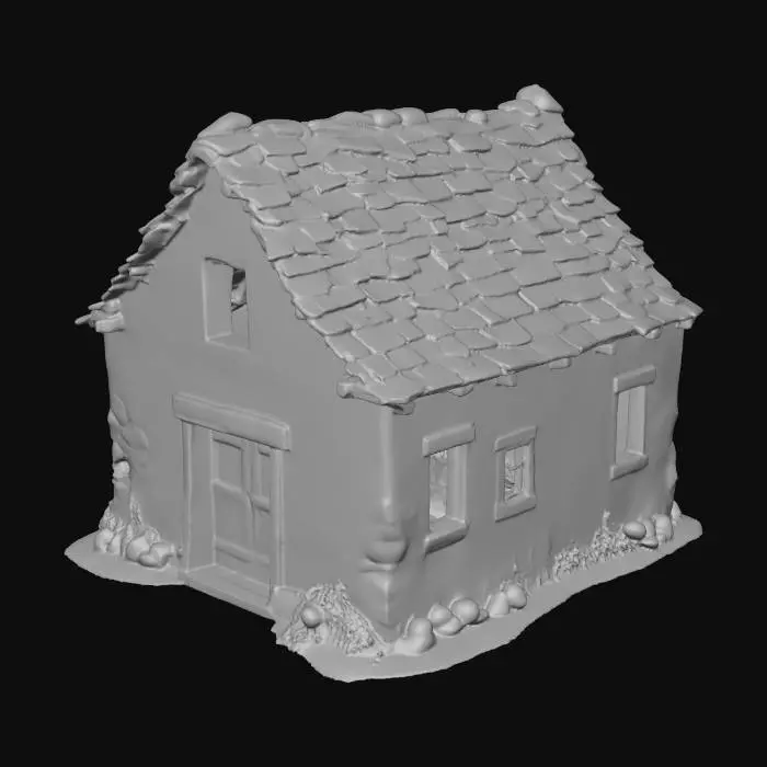 3D model for A robust kiln base house features rough limestone walls, partially covered with patches of faded limewash. Two simple, rectangular timber door openings interrupt the facade, one boarded up with weathered planks. Small, narrow slit windows pierce the walls. The roof is absent, leaving broken, ragged edges along the shallow parapet remains. The stone exhibits a coarse, gritty texture, interspersed with smoother limewash areas, hinting at moss and dampness in darker patches. Its interior is empty. Wide width.