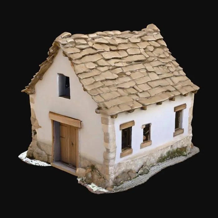 3D model for A robust kiln base house features rough limestone walls, partially covered with patches of faded limewash. Two simple, rectangular timber door openings interrupt the facade, one boarded up with weathered planks. Small, narrow slit windows pierce the walls. The roof is absent, leaving broken, ragged edges along the shallow parapet remains. The stone exhibits a coarse, gritty texture, interspersed with smoother limewash areas, hinting at moss and dampness in darker patches. Its interior is empty. Wide width.