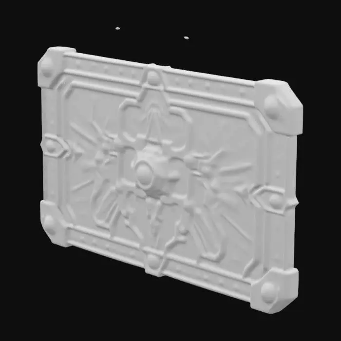 3D model for space shield, stylized, detailed, metallic, cartoon stylization, massive, rectangular, with sharp corners