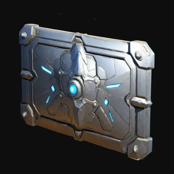 3D model for space shield, stylized, detailed, metallic, cartoon stylization, massive, rectangular, with sharp corners