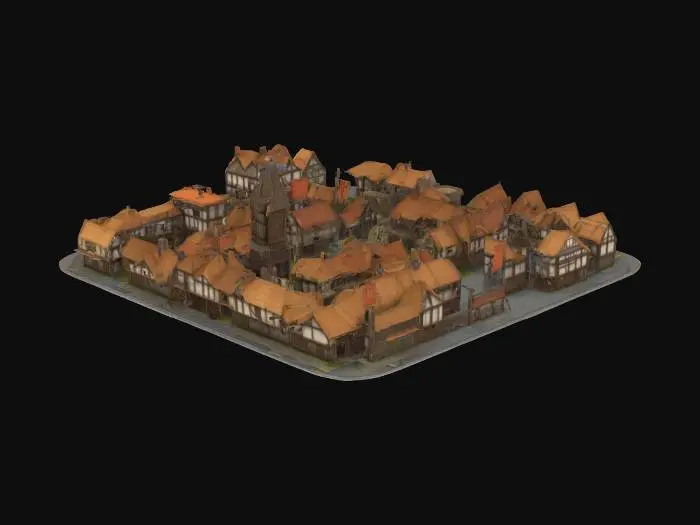 3D model for Büyük bir ortaçağ şehri oluştur. Evler, ahırlar, tavernalar bir düzende olsun. Yollar evlerin dizilişi düzenli olsun.