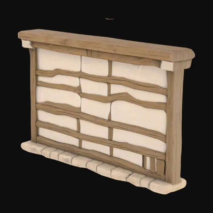 3D model for A front view of a modular medieval house wall segment, built with weathered wooden beams and white plaster in between, some beams slightly crooked, with visible texture, suitable for assembling with other pieces, 2 meters tall, 2 meters wide.