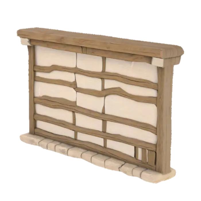 A front view of a modular medieval house wall segment, built with weathered wooden… 3D model, vytvořený pomocí AI