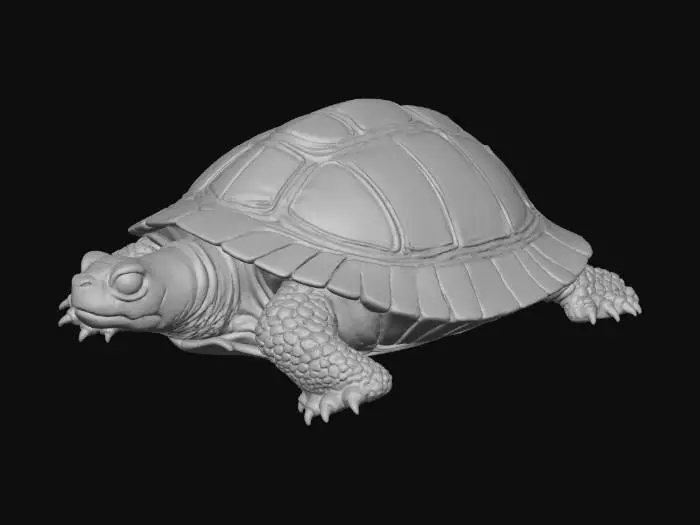 3D model for Ultra-realistic turtle animal model designed as a single solid, print-safe asset. The turtle has a broad, domed shell with natural hexagonal scutes, slightly uneven edges, and subtle wear for realism. Head and limbs are thick and well-supported, with strong proportions and no fragile parts. Skin texture is leathery and finely wrinkled, with layered scales around the neck and legs. Shell material appears as dense keratin with a matte finish, colored in deep olive green, dark brown, and muted amber tones. Skin coloration blends earthy gray-green, mossy olive, and warm sand hues. Eyes are glossy dark brown with a reflective wet look. Style is photorealistic wildlife reference, physically accurate anatomy, solid watertight geometry, no floating elements, optimized for high-detail 3D printing.