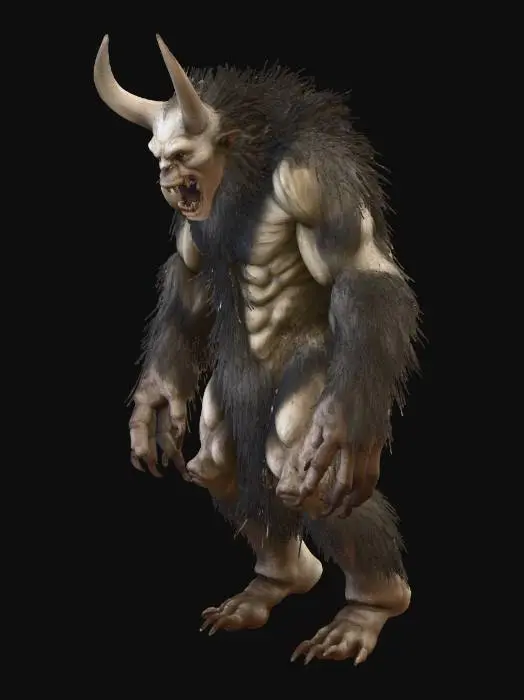 3D model for Create a highly detailed 3D model of the Bulgarian Karakondzhul: a tall, hunched, grotesque humanoid wrapped in tangled, matted black fur with patches revealing dark, weathered skin. Give it elongated limbs, sinewy anatomy, sharp curved claws, and an uneven, menacing silhouette. The head should blend human, goat, and boar traits—twisted horns, protruding tusks, a snarling mouth, and glowing predatory eyes. Add frost-bitten textures, wet shine on fur, and subtle breath vapor. Place it in a snowy, fog-filled night path lit by cold moonlight, emphasizing its role as a winter demon haunting travelers during the Bulgarian ‘Mrasni dni.’