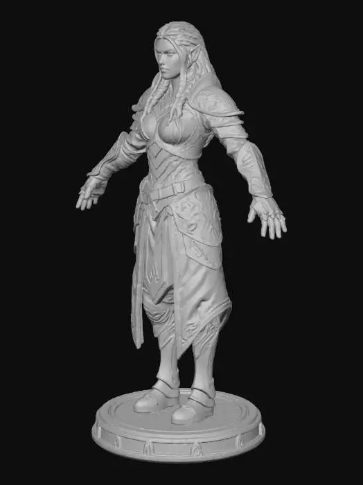 3D model for Dark elf warrior female in T-pose, with long flowing silver hair, piercing glowing magenta eyes, intricate dark purple and black leather armor with ornate silver engravings, layered shoulder plates, bracers, and chest detailing, realistic stylized textures, subtle magical accents, stern expression, pointed ears, solid and print-safe structure, no floating parts, strong silhouette, epic fantasy aesthetic, high-detail sculpting suitable for 3D printing, gothic cathedral background influence, emphasizing layered clothing folds and armor engravings, clear separable elements for printing, watertight model, durable proportions.