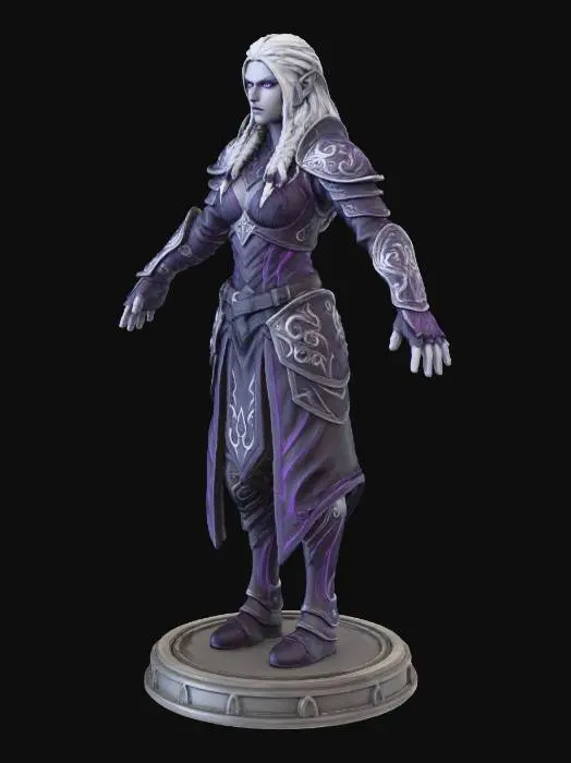 3D model for Dark elf warrior female in T-pose, with long flowing silver hair, piercing glowing magenta eyes, intricate dark purple and black leather armor with ornate silver engravings, layered shoulder plates, bracers, and chest detailing, realistic stylized textures, subtle magical accents, stern expression, pointed ears, solid and print-safe structure, no floating parts, strong silhouette, epic fantasy aesthetic, high-detail sculpting suitable for 3D printing, gothic cathedral background influence, emphasizing layered clothing folds and armor engravings, clear separable elements for printing, watertight model, durable proportions.