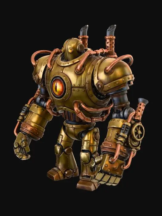 3D model for Steampunk mechanical golem robot, large brass and bronze body, 
oversized cylindrical torso with central glowing eye, 
massive articulated arms with exposed gears and pistons, 
industrial Victorian aesthetic, intricate mechanical details, 
rivets and copper pipes, weathered metal texture, 
character concept art, League of Legends splash art style, 
professional 3D render, studio lighting, neutral gray background, 
highly detailed, PBR materials, ray tracing, Unreal Engine 5, 
trending on ArtStation