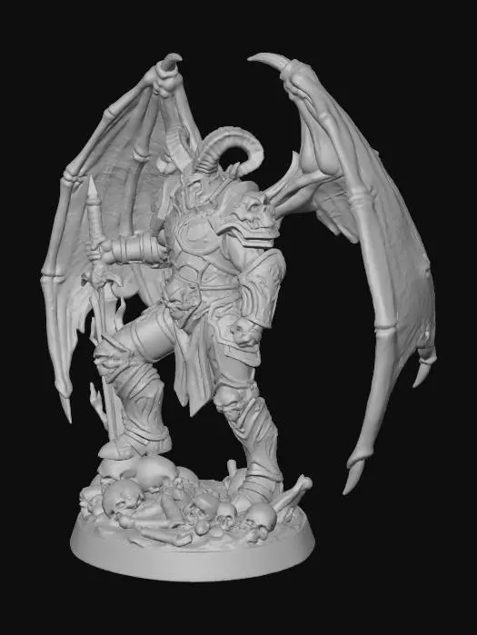 3D model for Subject: (Demonic warrior character:1.4) with massive curved horns, muscular armored body, dark ornate plate armor with skull motifs, large bat-like wings, wielding glowing ice sword. Composition: Full body hero shot, centered composition, low angle for imposing presence. Action: Standing triumphantly over defeated skulls, powerful dominant stance, holding sword vertically. Setting: (Isolated on gradient background:1.4) transitioning from dark blue to light blue, (no environment:1.3), (no buildings:1.3), clean backdrop for 3D print. Style: Dark fantasy game art, (highly detailed sculpt:1.3), similar to World of Warcraft boss design, dramatic cool blue palette. Details: (Extreme detail for 3D printing:1.4), sharp edges, clear geometry, strong silhouette, defined armor panels, 4K, 1:1 format