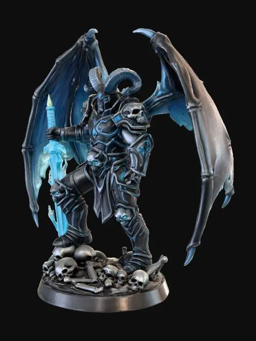 3D model for Subject: (Demonic warrior character:1.4) with massive curved horns, muscular armored body, dark ornate plate armor with skull motifs, large bat-like wings, wielding glowing ice sword. Composition: Full body hero shot, centered composition, low angle for imposing presence. Action: Standing triumphantly over defeated skulls, powerful dominant stance, holding sword vertically. Setting: (Isolated on gradient background:1.4) transitioning from dark blue to light blue, (no environment:1.3), (no buildings:1.3), clean backdrop for 3D print. Style: Dark fantasy game art, (highly detailed sculpt:1.3), similar to World of Warcraft boss design, dramatic cool blue palette. Details: (Extreme detail for 3D printing:1.4), sharp edges, clear geometry, strong silhouette, defined armor panels, 4K, 1:1 format