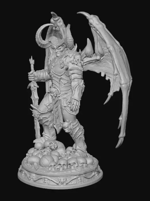 3D model for Subject: (Demonic warrior character:1.4) with massive curved horns, muscular armored body, dark ornate plate armor with skull motifs, large bat-like wings, wielding glowing ice sword. Composition: Full body hero shot, centered composition, low angle for imposing presence. Action: Standing triumphantly over defeated skulls, powerful dominant stance, holding sword vertically. Setting: (Isolated on gradient background:1.4) transitioning from dark blue to light blue, (no environment:1.3), (no buildings:1.3), clean backdrop for 3D print. Style: Dark fantasy game art, (highly detailed sculpt:1.3), similar to World of Warcraft boss design, dramatic cool blue palette. Details: (Extreme detail for 3D printing:1.4), sharp edges, clear geometry, strong silhouette, defined armor panels, 4K, 1:1 format