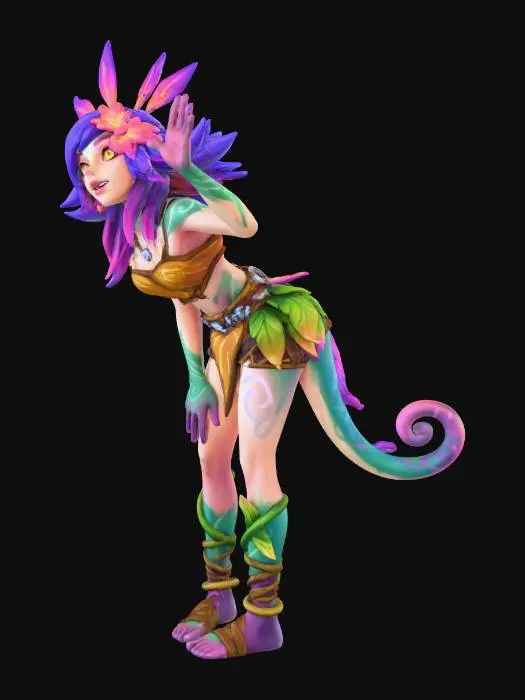 3D model for Subject: (Neeko from League of Legends:1.4) with vibrant purple and pink gradient hair, golden amber eyes, tanned skin, tribal nature-inspired outfit with leaf and vine details, chameleon tail, playful cheerful expression. Composition: Full body shot, dynamic energetic pose, centered composition with slight forward lean. Action: Playful stance with one hand raised cheerfully, curious friendly expression, facing camera directly. Setting: (isolated on solid neutral backdrop:1.4) with (no forest scenery:1.3), (no foliage:1.3), (no environmental elements:1.3), clean background for 3D reference. Style: League of Legends splash art aesthetic, (vibrant fantasy colors:1.2), stylized game character design. Details: Highly detailed character features, clear distinct costume elements, sharp focus.