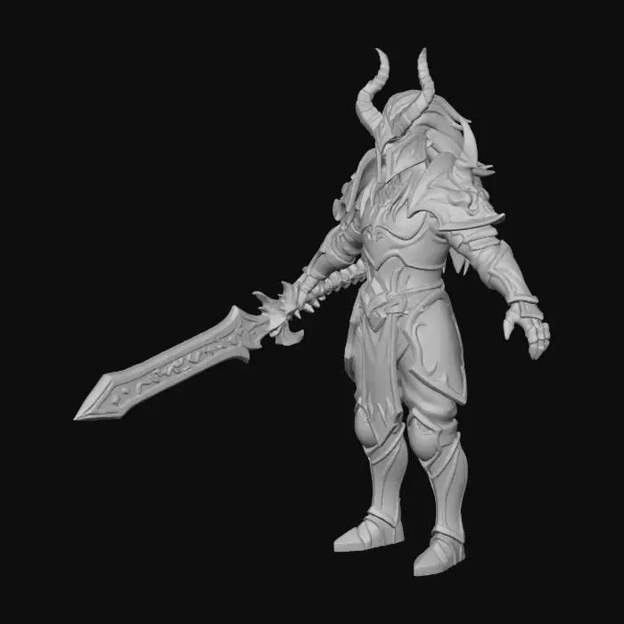 3D model for Subject: (Demonic warrior knight:1.4) with curved horned helmet, flowing white hair, dark armor with gold trim, wielding greatsword with amber runes. Composition: Full body front view, T-pose or neutral stance, centered, eye level. Action: Standing upright neutral pose, arms slightly extended, front-facing for 3D scan readability. Setting: (Isolated on neutral gray background:1.4) with (no scenery:1.3), (no floor:1.3), (no shadows on background:1.3), clean backdrop for 3D processing. Style: League of Legends character design, (high detail 3D game asset:1.3), clear readable forms. Details: Sharp edges, clear material separation, ambient lighting, 4K, (optimized for 3D mesh:1.2), 1:1 square format.