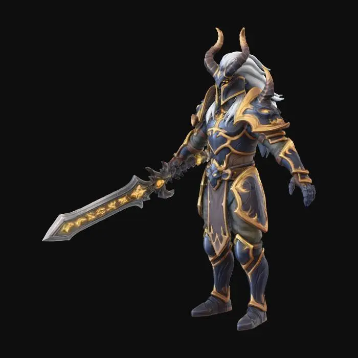 3D model for Subject: (Demonic warrior knight:1.4) with curved horned helmet, flowing white hair, dark armor with gold trim, wielding greatsword with amber runes. Composition: Full body front view, T-pose or neutral stance, centered, eye level. Action: Standing upright neutral pose, arms slightly extended, front-facing for 3D scan readability. Setting: (Isolated on neutral gray background:1.4) with (no scenery:1.3), (no floor:1.3), (no shadows on background:1.3), clean backdrop for 3D processing. Style: League of Legends character design, (high detail 3D game asset:1.3), clear readable forms. Details: Sharp edges, clear material separation, ambient lighting, 4K, (optimized for 3D mesh:1.2), 1:1 square format.