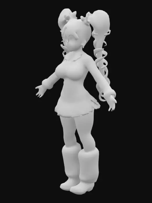 3D model for blond bimbo with pigtails, bows in hair, pink skirt, fluffy legwarmers, gold jewelry 