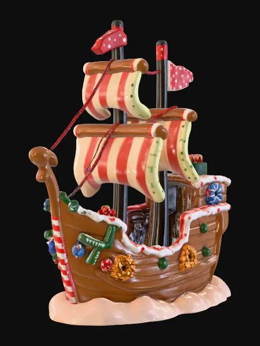 3D model for 3D pirate ship in claylike style, ship should be christmas decorated with cannons shooting gingerbread #Christmas2025#