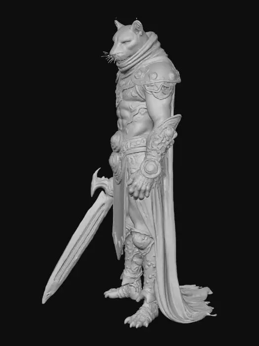 3D model for A powerful Leopard Human warrior, fully clothed and poised for action. Its humanoid form features subtle feline characteristics and a distinct leopard spot pattern on visible skin. It wears deep blue non-metallic armor, appearing as rugged, hardened or scale-like material with a tough, matte texture. The warrior grips a crimson crystal sword, its sharply faceted blade glowing with an intense, internal ruby luminescence against the dark armor.