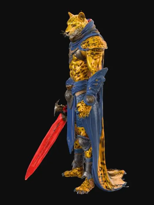 3D model for A powerful Leopard Human warrior, fully clothed and poised for action. Its humanoid form features subtle feline characteristics and a distinct leopard spot pattern on visible skin. It wears deep blue non-metallic armor, appearing as rugged, hardened or scale-like material with a tough, matte texture. The warrior grips a crimson crystal sword, its sharply faceted blade glowing with an intense, internal ruby luminescence against the dark armor.