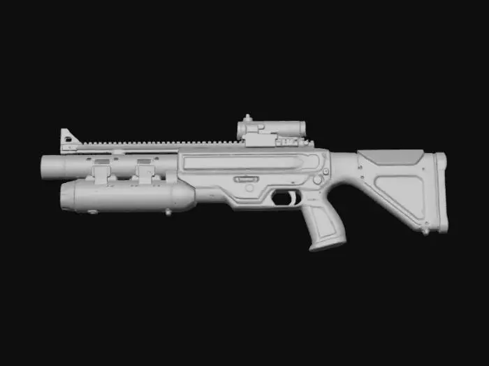 3D model for Futuristic Shotgun that is black with red accents with a small scope and a large magazine to store ammo