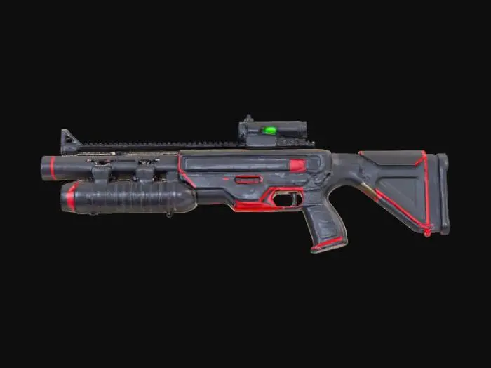 3D model for Futuristic Shotgun that is black with red accents with a small scope and a large magazine to store ammo