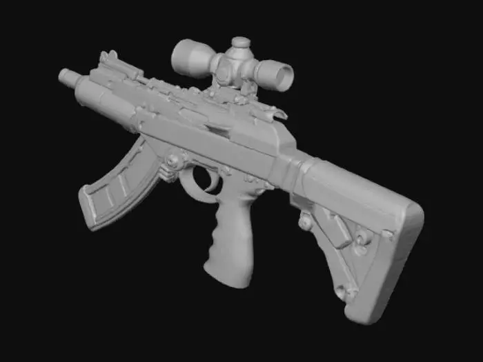 3D model for Gold Assult rifle with a small scope with black and red accents. The assault rifle has a drum magazine