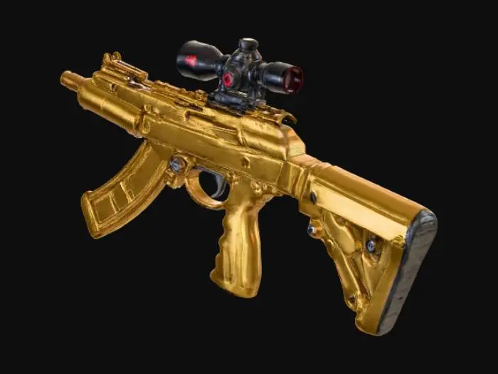 3D model for Gold Assult rifle with a small scope with black and red accents. The assault rifle has a drum magazine