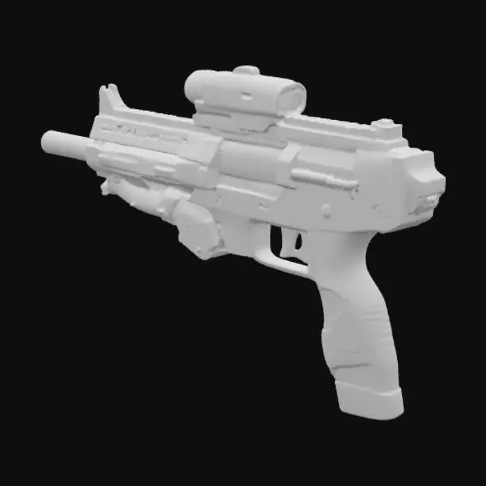 3D model for Assault riffle with rocket launchers on top of it and it is blue red black and white
