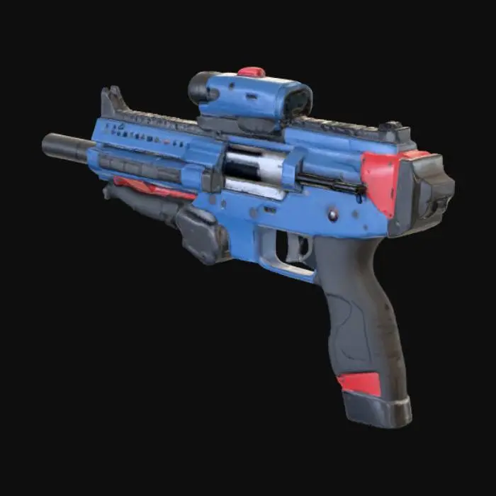 3D model for Assault riffle with rocket launchers on top of it and it is blue red black and white