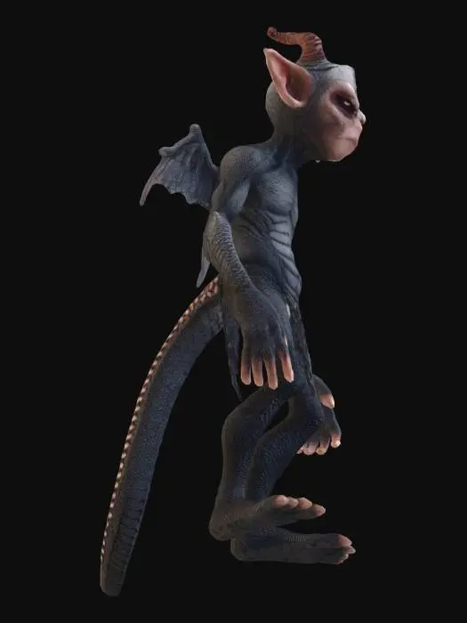 3D model for A humanoid goblin character in T-pose, game-ready 3D model. Height approximately 1.89 meters. Base goblin with early draconic mutation traits. Subtle scale patterns on shoulders, arms, and back. Slight bone-like growth hints on skin. Faint heat distortion aura around body. Still fully humanoid anatomy for animation compatibility. Neutral expression. No clothing, armor, or weapons. Clean topology, rigging-friendly, low-mid poly, PBR materials. Evolution-ready design.