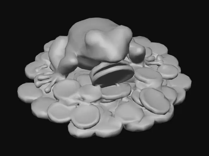 3D model for zabac sedi na gomili novcica
u ustima drzi jedan novcic
novcici su dolari