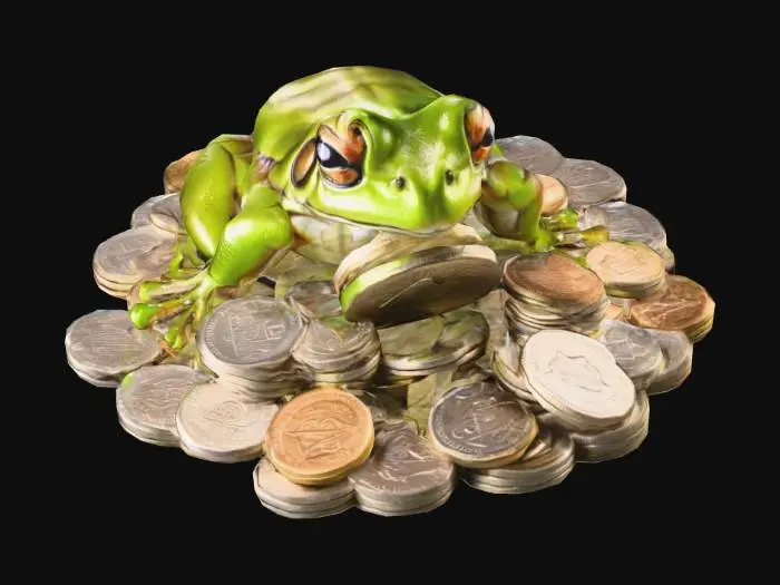 3D model for zabac sedi na gomili novcica
u ustima drzi jedan novcic
novcici su dolari