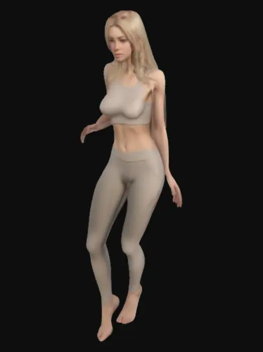3D model for A 3D model of a slim, tall female character in her early 20s, standing in a A-pose. She has long blond hair, natural skin tone, and subtle makeup. Dressed in a fitted crop top with large breasts and wearing leggings in neutral colors, with realistic human anatomy. Includes PBR textures, detailed hair, realistic skin shadows, and soft lighting. Optimized for high-quality 3D printing.