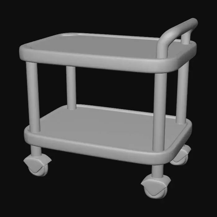 3D model for stylized premium instrument tray cart for clinic,
two shelves, small wheels, clean modern design,
rounded edges, minimal details,
single object, one material, game-ready for Unity,
clean topology, no small details, neutral lighting,
centered, no background